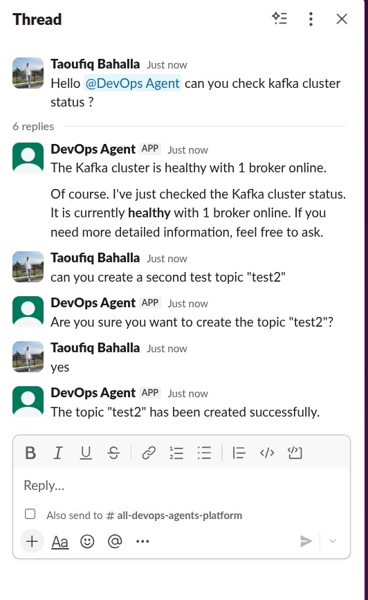 Slack thread: an operator checks Kafka health, then creates a topic after confirming