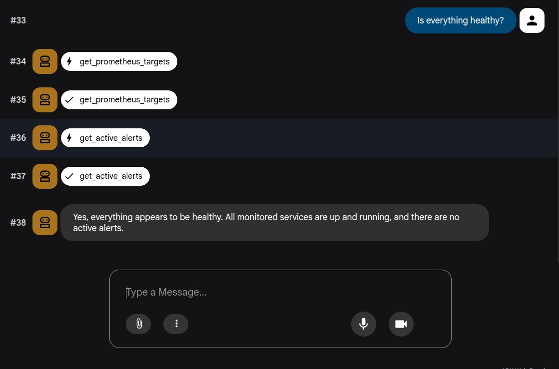 The DevOps agent running parallel health checks on Kafka, Kubernetes, Docker and Prometheus and saving a report