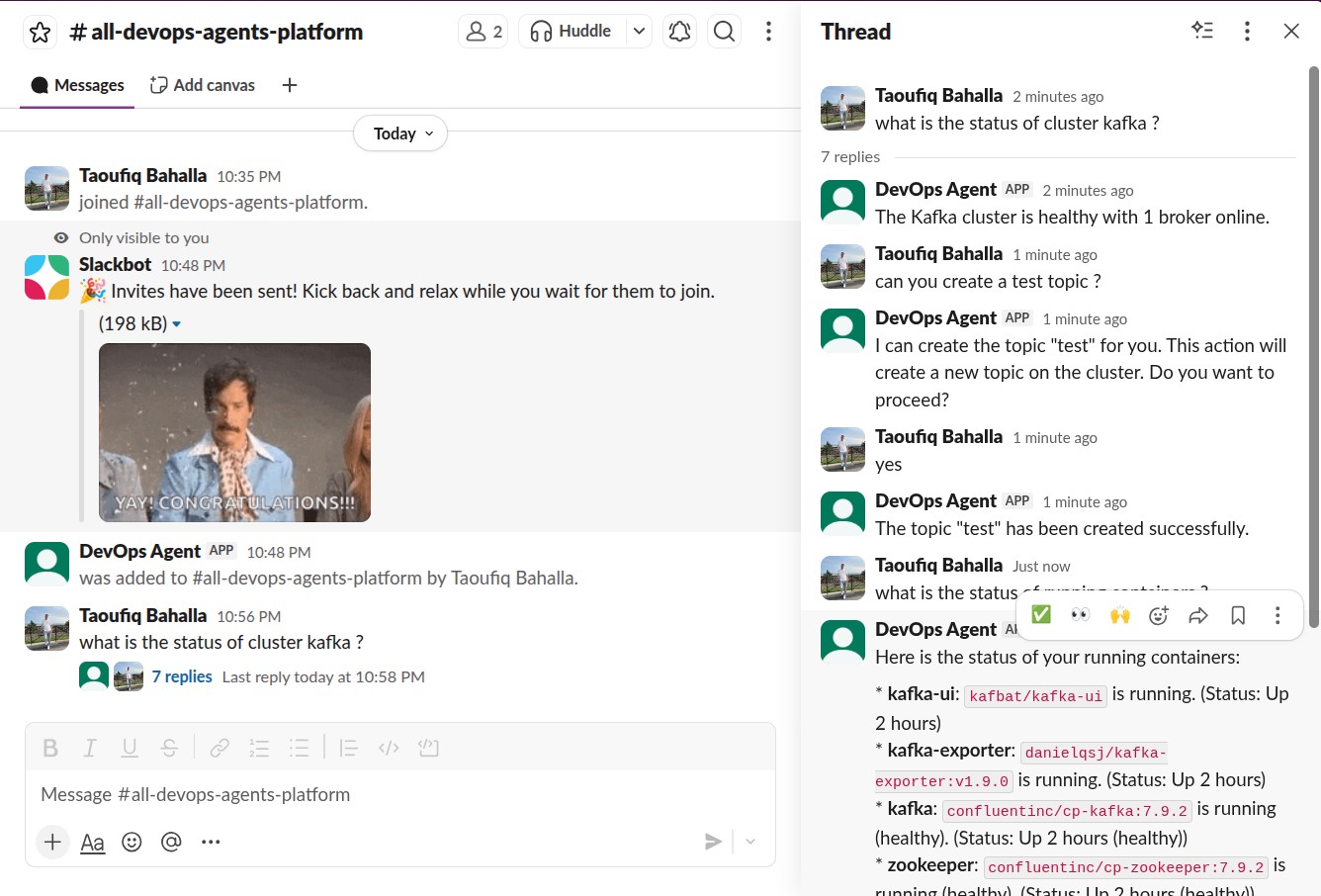 Slack thread: asking the agent about Kafka, confirming a topic creation, and listing running containers