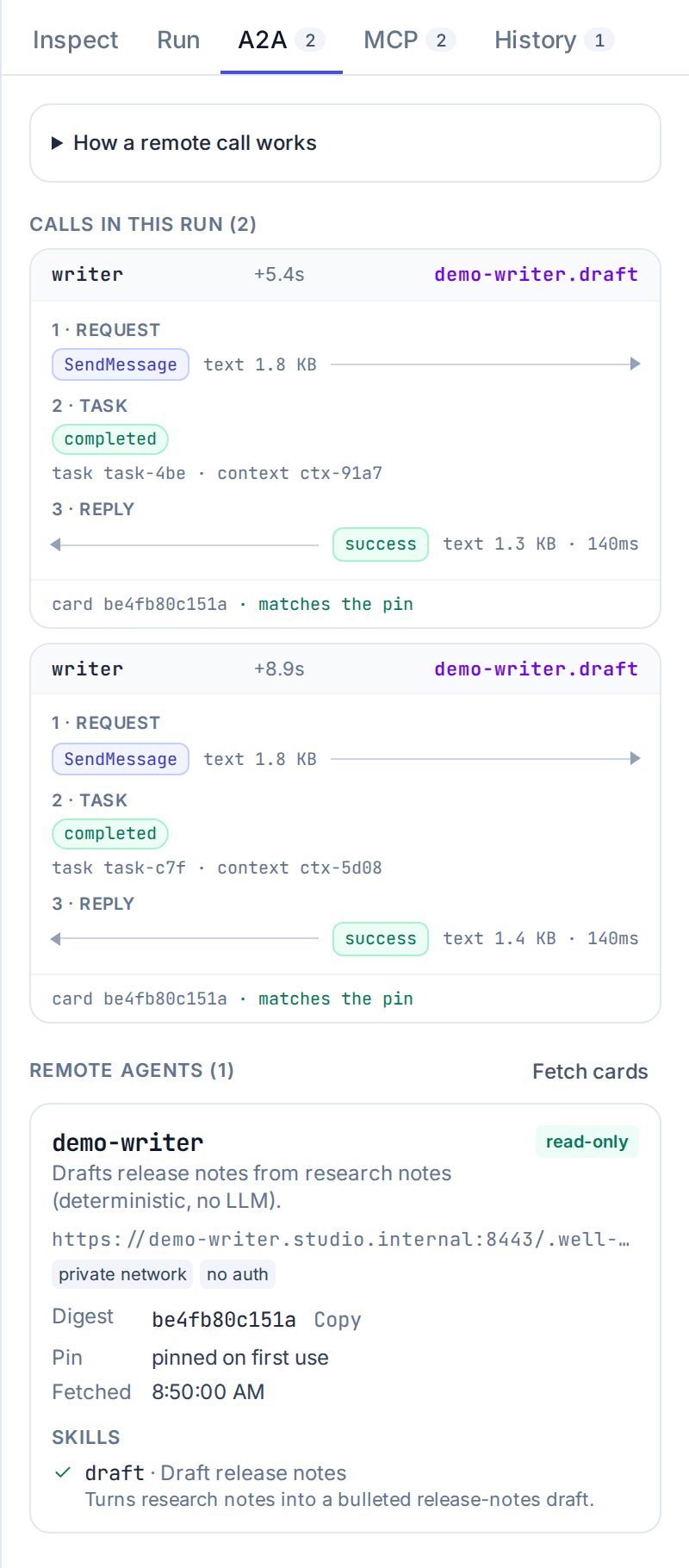 Orrery Studio A2A inspector for the demo-writer agent, showing its draft skill, the pinned card digest and a timeline of outbound and inbound messages with task states